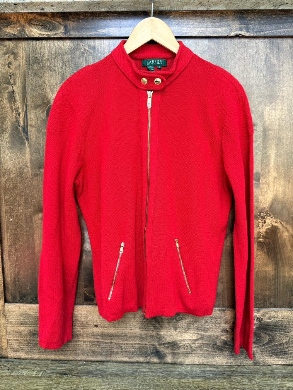 Lauren Ralph Lauren| Red| 100% Cotton|Moto Style Jacket| Gold Zip| XL
